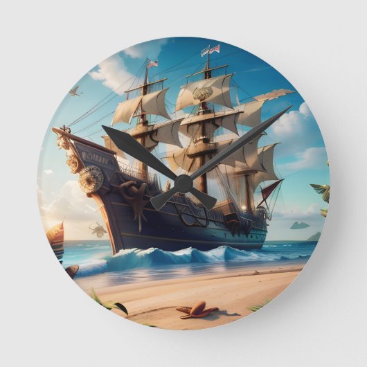 Tropisch strand piratenschip ronde klok (Voorkant)