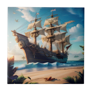 Tropisch strand piratenschip tegeltje