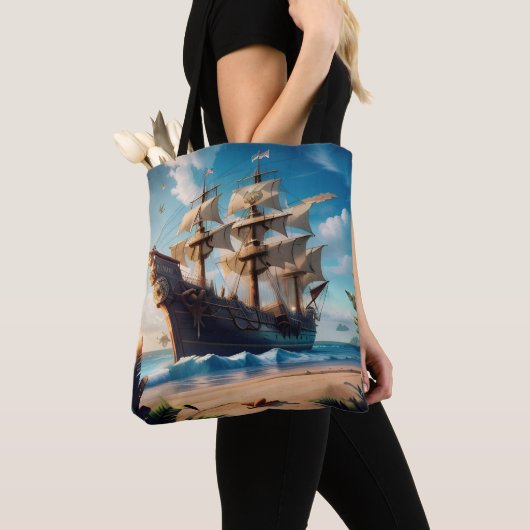 Tropisch strand piratenschip tote bag (Dichtbij)