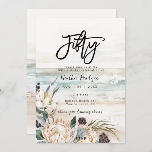 Tropisch strand protea 50ste verjaardagsfeest kaart (Voorkant / Achterkant)