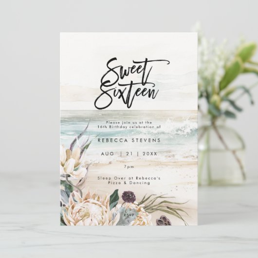 Tropisch strand Protea Sweet 16 uitnodiging (Staand voorkant)