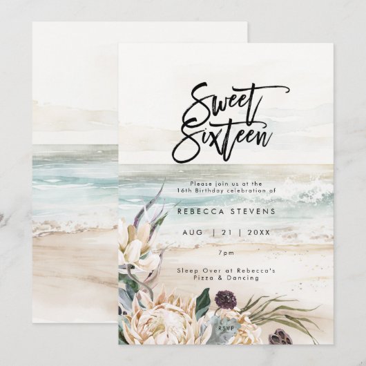 Tropisch strand Protea Sweet 16 uitnodiging (Voorkant / Achterkant)