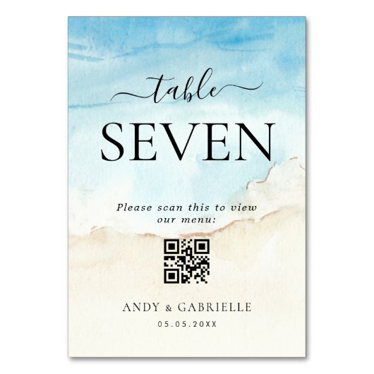 Tropisch strand QR-code Bruiloft Menu Tafelnummer (Achterkant)
