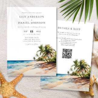 Tropisch strand QR-code trouwkaart in waterverf Kaart