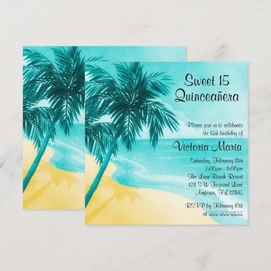 Tropisch strand Quinceanera Birthday-uitnodigingen Kaart (Voorkant / Achterkant)