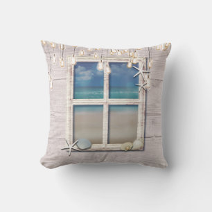 Tropisch strand raam wit hout elegant chic kussen