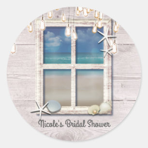 Tropisch strand raam wit hout elegante kustlijn ronde sticker