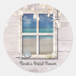 Tropisch Strand Raam Wit Hout Elegante Kuststijl Ronde Sticker