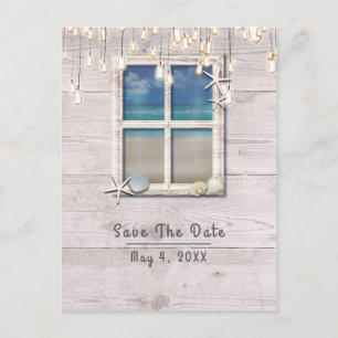 Tropisch strand raam wit hout Save the Date Aankondigingskaart