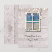 Tropisch strand raam wit hout Save the Date Aankondigingskaart (Voorkant / Achterkant)