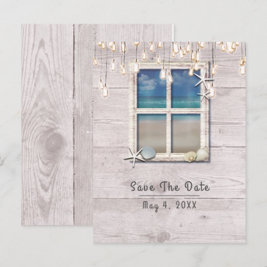 Tropisch strand raam wit hout Save the Date Aankondigingskaart (Voorkant / Achterkant)