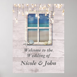 Tropisch strand raam witte houten banner poster