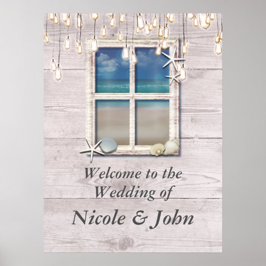 Tropisch strand raam witte houten banner poster (Voorkant)