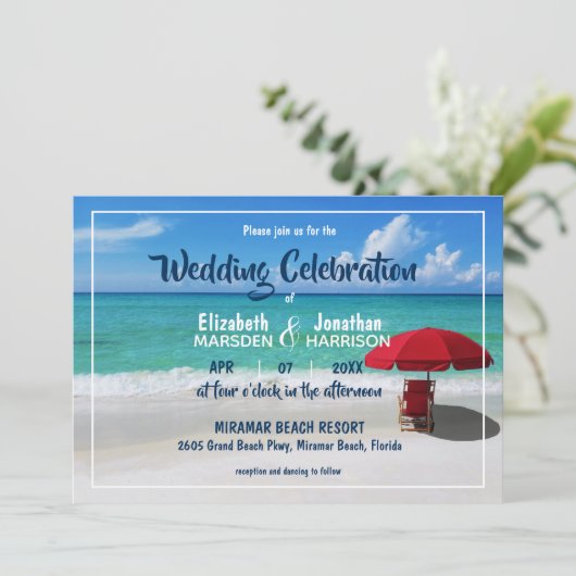 Tropisch strand Rode rommel Moderne Fotobruiloft Kaart (Staand voorkant)