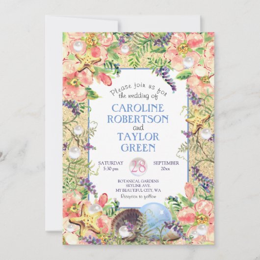 Tropisch strand Roos Seashell Pearl Wedding Kaart (Voorkant)