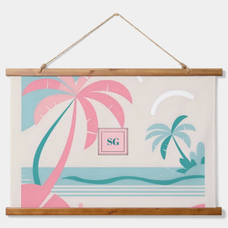 Tropisch strand roze blauwgroen palmbomen hangend wandkleed