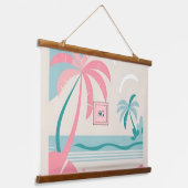 Tropisch strand roze blauwgroen palmbomen hangend wandkleed (Gebogen)