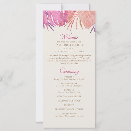Tropisch strand roze bruiloft programma (Voorkant)