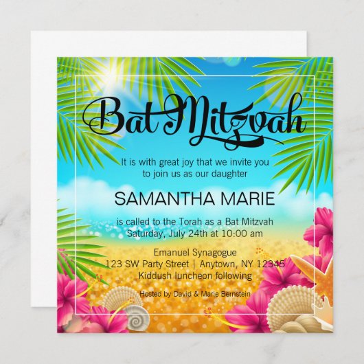 Tropisch strand Roze Hibiscus Bat Mitzvah Kaart (Voorkant / Achterkant)