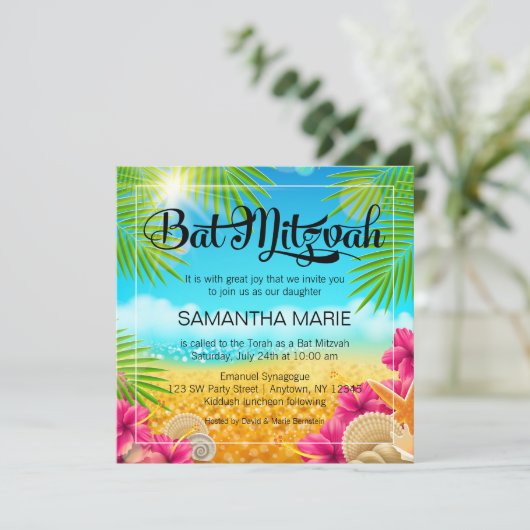 Tropisch strand Roze Hibiscus Bat Mitzvah Kaart (Staand voorkant)