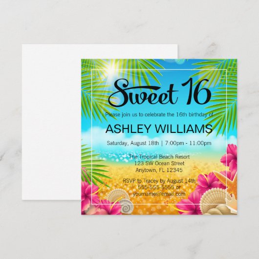 Tropisch strand Roze Hibiscus Sweet 16 Birthday Kaart (Voorkant / Achterkant)
