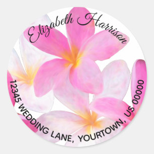 Tropisch Strand Roze Plumeria Bloemig Retouradres Ronde Sticker