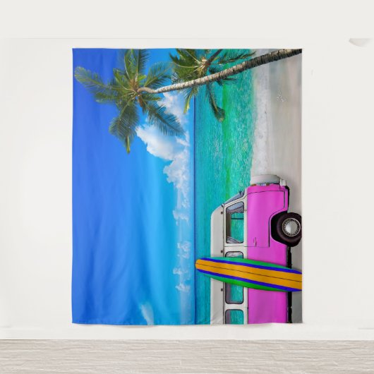 Tropisch strand Scene Fuchsia Roze Van & Surfboard Wandkleed (Voorkant)