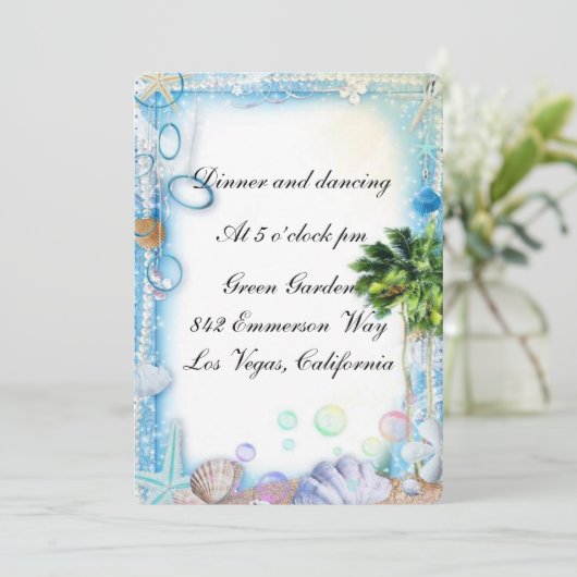 Tropisch strand schelp bruiloftsreceptiekaart kaart (Staand voorkant)