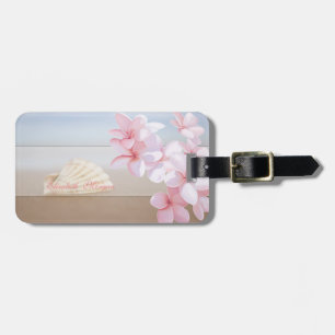 Tropisch, Strand, Schelp, Plumeria Bagagelabel