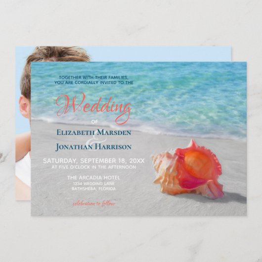 Tropisch strand Seashell Modern Photo Wedding Kaart (Voorkant / Achterkant)