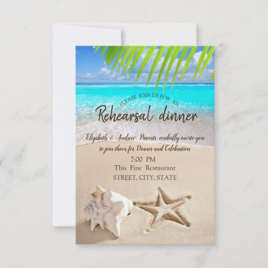 Tropisch strand, Seastar, Seashell Rehearsal Dinne Kaart (Voorkant)