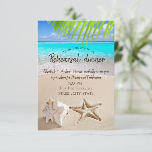 Tropisch strand, Seastar, Seashell Rehearsal Dinne Kaart (Staand voorkant)