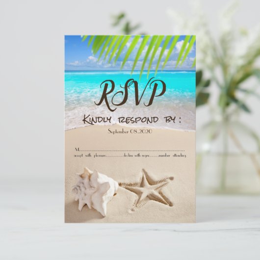 Tropisch strand, Seastar, Seashell RSVP Kaart (Staand voorkant)