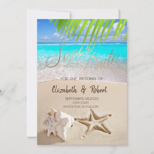 Tropisch strand, Seastar, Seashell sparen de Datum Save The Date (Voorkant)