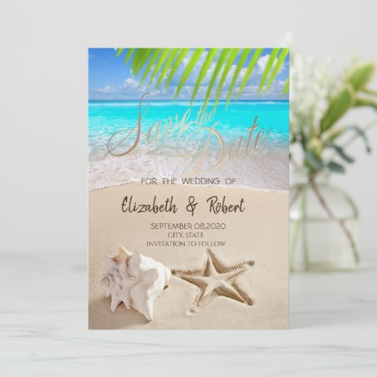 Tropisch strand, Seastar, Seashell sparen de Datum Save The Date (Staand voorkant)