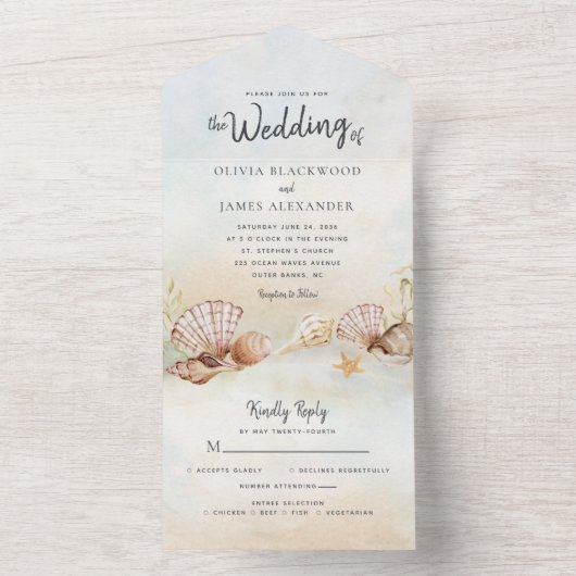 Tropisch strand Shells Destination Wedding All In One Uitnodiging (Binnen)
