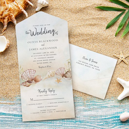 Tropisch strand Shells Destination Wedding All In One Uitnodiging