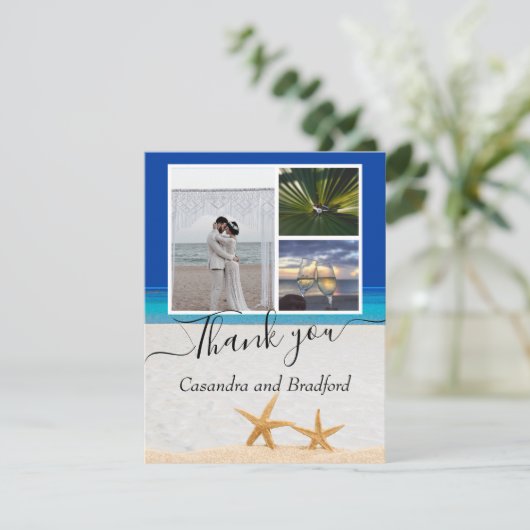 Tropisch strand Starfish in Sand Wedding Dark Blue Bedankkaart (Staand voorkant)