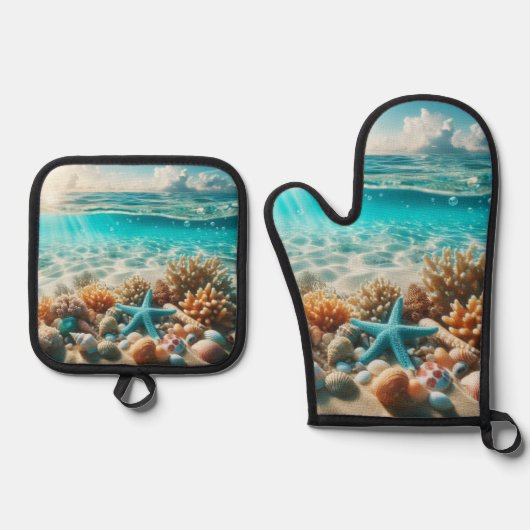 Tropisch strand Starfish Seashells Ocean Scene Ovenwant & Pannenlap Set (Voorkant)