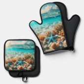 Tropisch strand Starfish Seashells Ocean Scene Ovenwant & Pannenlap Set (Voorkant / Achterkant)