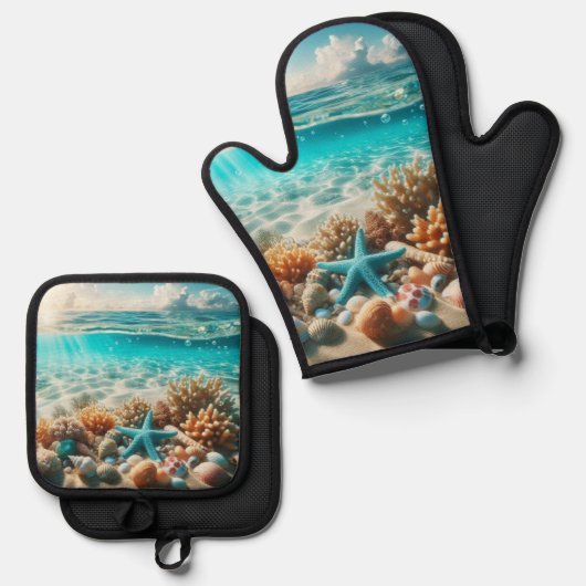 Tropisch strand Starfish Seashells Ocean Scene Ovenwant & Pannenlap Set (Voorkant / Achterkant)