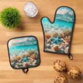 Tropisch strand Starfish Seashells Ocean Scene Ovenwant & Pannenlap Set (Top down)