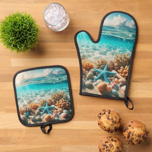 Tropisch strand Starfish Seashells Ocean Scene Ovenwant & Pannenlap Set (Top down)