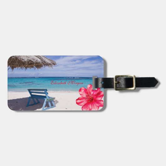 Tropisch strand, stoel, hibiscus bagagelabel (Voorkant horizontaal)