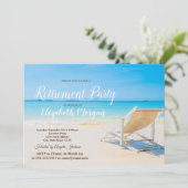 Tropisch strand, stoel ontspannen pensioenfeest kaart (Staand voorkant)