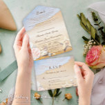 Tropisch strand Stuitvis en schelpdieren bruiloft All In One Uitnodiging<br><div class="desc">Onze tropische strand Starfish and Shells Tri-Fold Wedding Invitation geeft je het gevoel van een milde zomeravond. Je kunt al de lichte warme wind in je haar en het zand tussen je tenen voelen. Kijk om je heen en ontdek je gasten die je bruiloft met jou en je man vieren....</div>