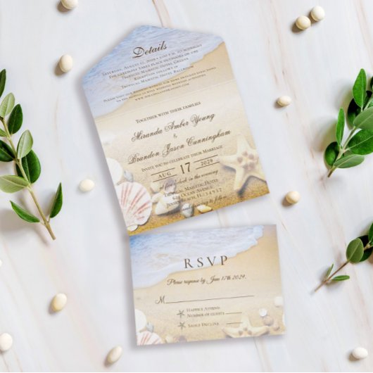 Tropisch strand Stuitvis en schelpdieren bruiloft All In One Uitnodiging
