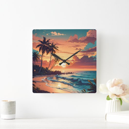 Tropisch strand Sunset Groot Vierkante Klok (Huis)