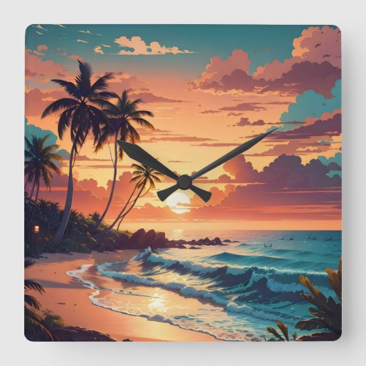Tropisch strand Sunset Groot Vierkante Klok (Voorkant)