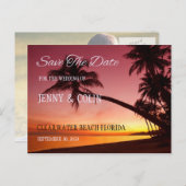 Tropisch strand Sunset Palm Trees Save the Date Aankondigingskaart (Voorkant / Achterkant)